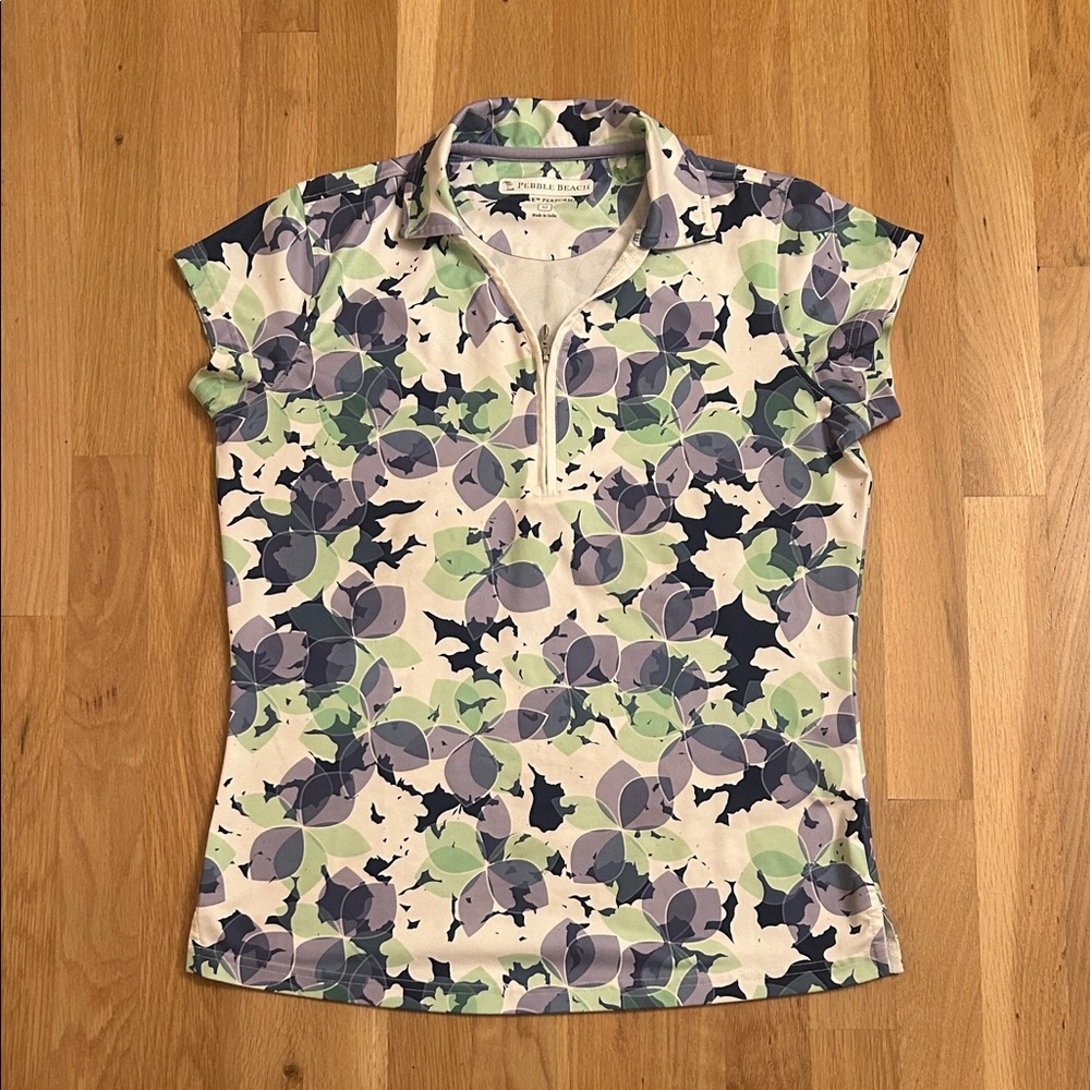 Pebble Beach Floral White Green Purple Short Sleeve Golf Top Women’s Size Medium - Picture 3 of 15